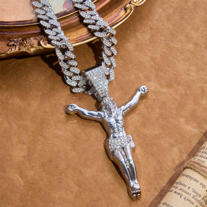 Christianartworkshop Bold Textured Crucifix Statement Curb Chain: Token of Radiant Sacred Shelter - Silver - 60CM - image 0