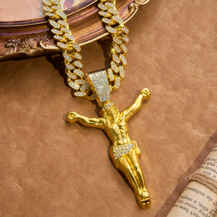 Christianartworkshop Bold Textured Crucifix Statement Curb Chain: Token of Radiant Sacred Shelter - Golden - 60CM - image 3