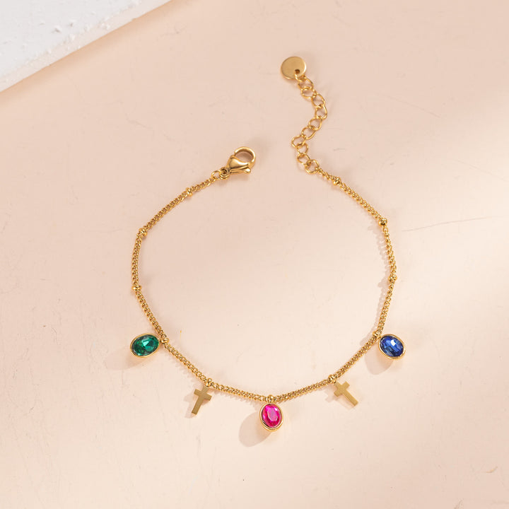 Christianartworkshop Dainty Gem Cross Thin Chain Bracelet: Emblem of Radiant Heavenly Blessings - Emerald+Rose+Royal blue - image 5