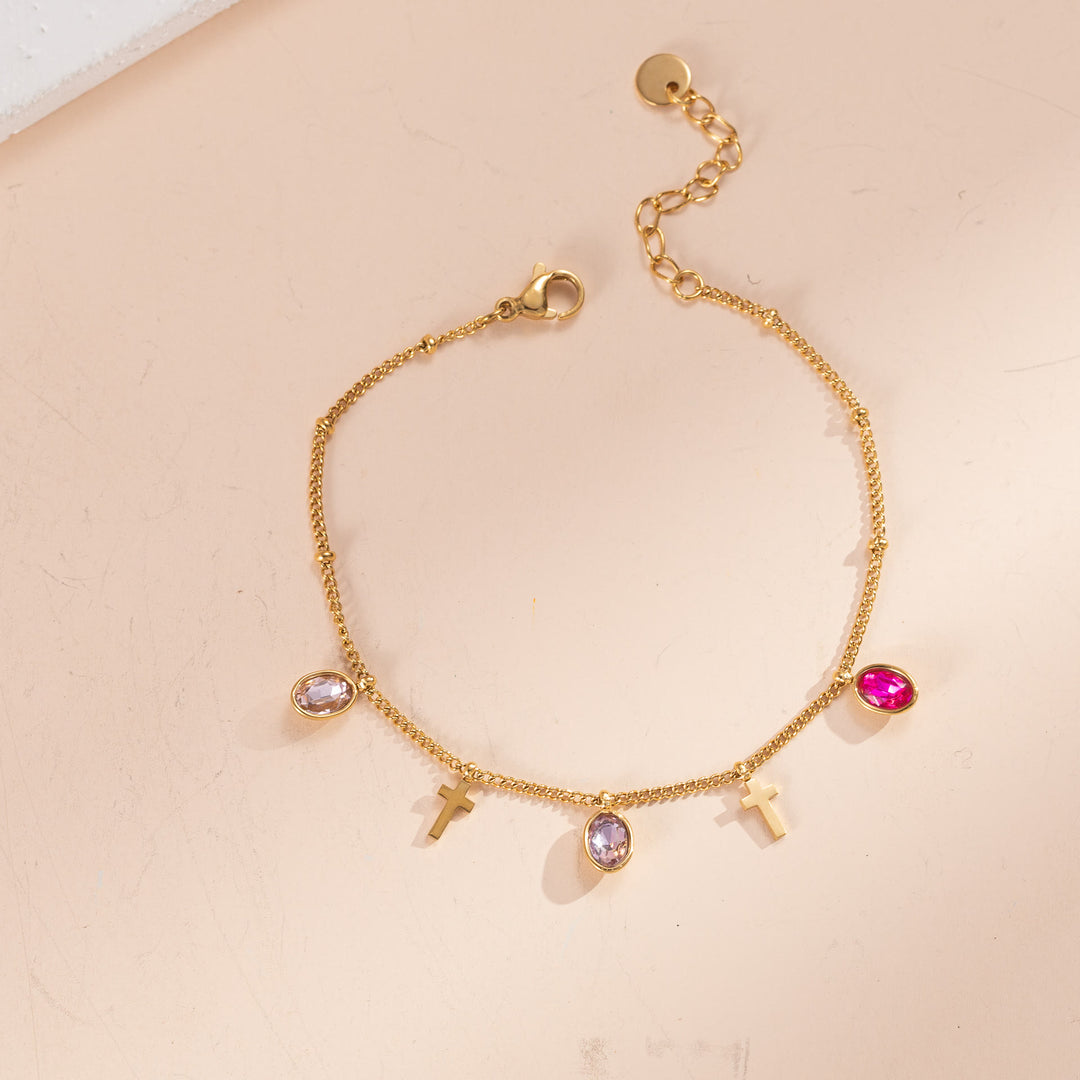 Christianartworkshop Dainty Gem Cross Thin Chain Bracelet: Emblem of Radiant Heavenly Blessings - Pink+Purple+Rose - image 4