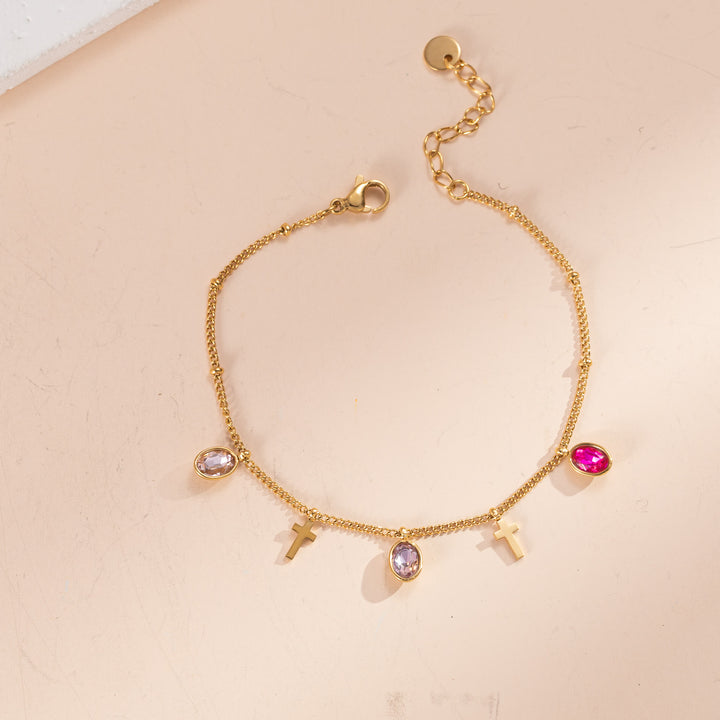 Christianartworkshop Dainty Gem Cross Thin Chain Bracelet: Emblem of Radiant Heavenly Blessings - Pink+Purple+Rose - image 4