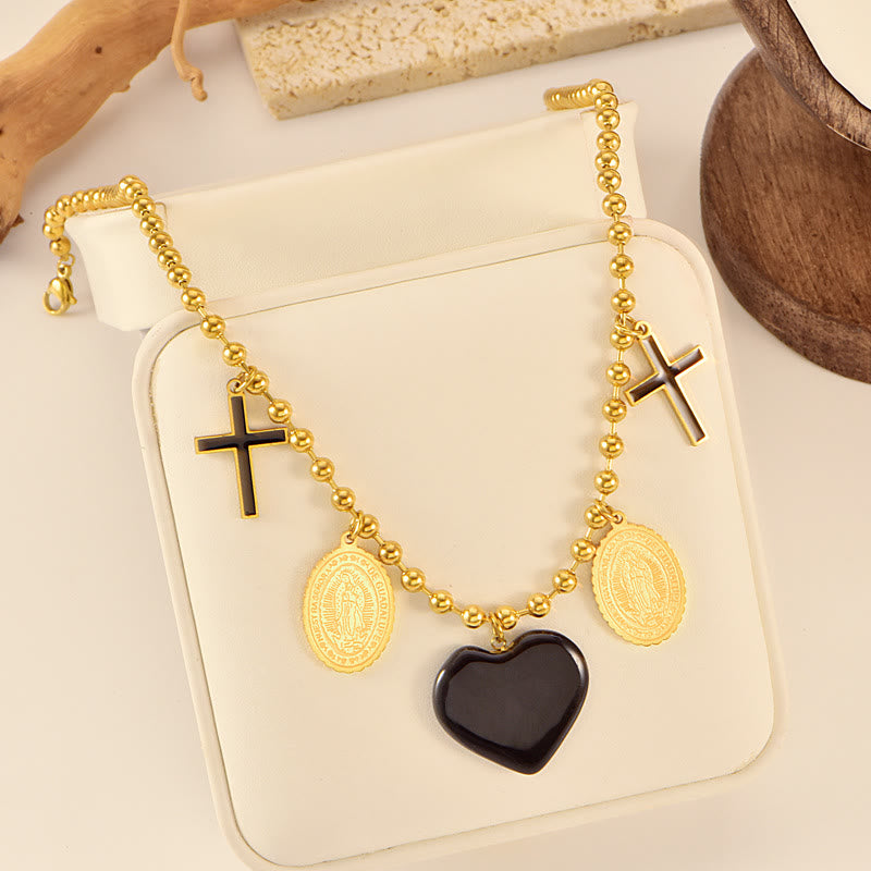 Christianartworkshop Vintage Cross & Sacred Medallion Ball Chain: Token of Gentle Celestial Guardianship - Our Lady&Cross - image 0