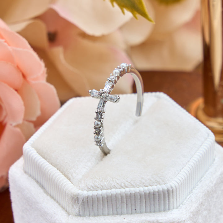 Christianartworkshop Delicate Inlaid Pearl Cross Adjustable Ring: Sign of Soft Celestial Comfort - Cross( Suitable for US Sizes 6 - 9) - image 0