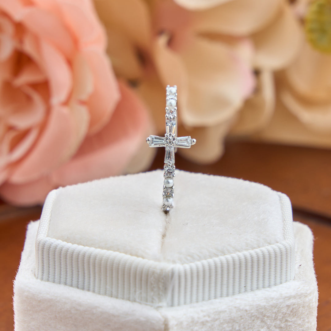 Christianartworkshop Delicate Inlaid Pearl Cross Adjustable Ring: Sign of Soft Celestial Comfort - image 2