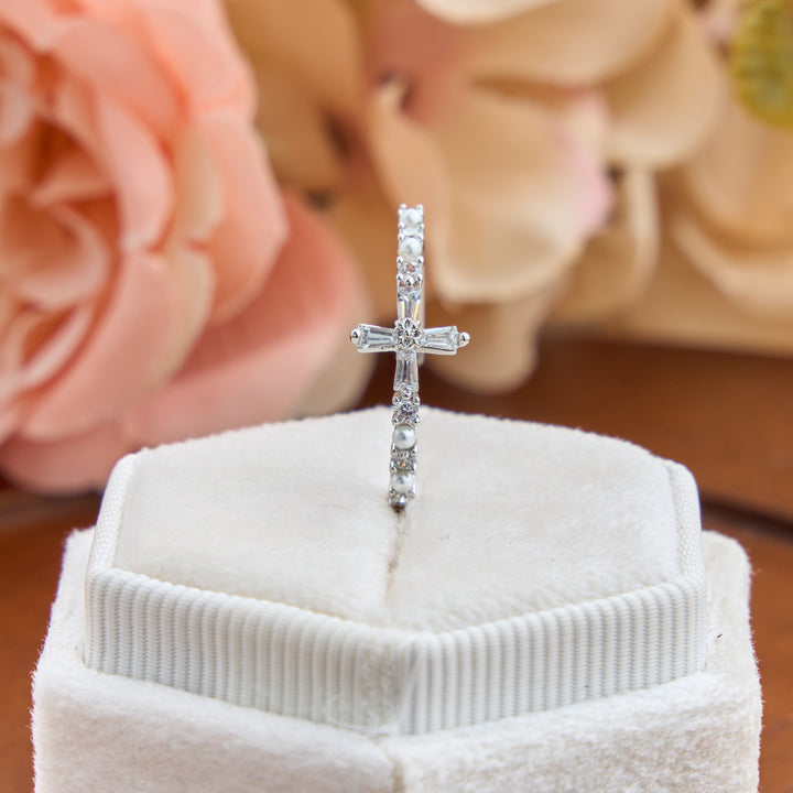 Christianartworkshop Delicate Inlaid Pearl Cross Adjustable Ring: Sign of Soft Celestial Comfort - image 2
