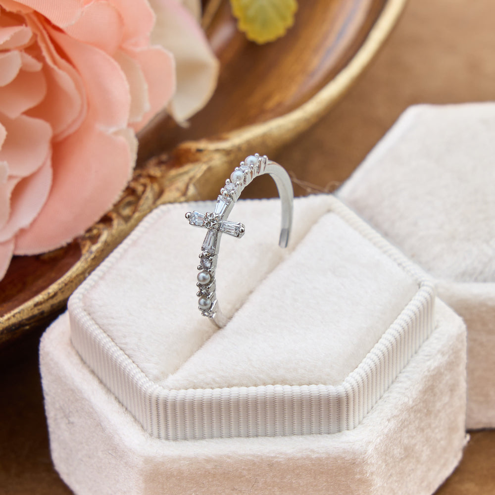 Christianartworkshop Delicate Inlaid Pearl Cross Adjustable Ring: Sign of Soft Celestial Comfort - image 1