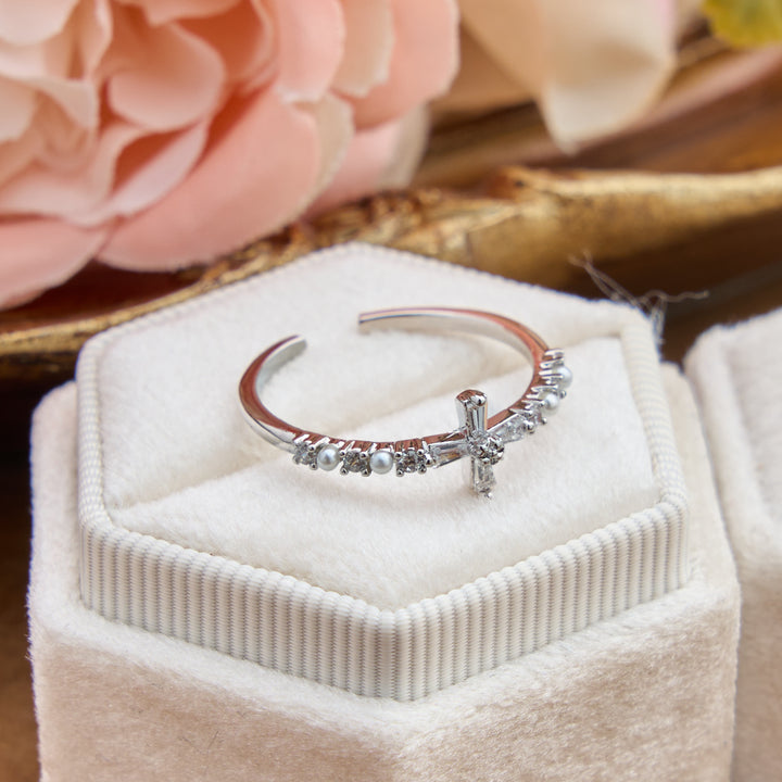 Christianartworkshop Delicate Inlaid Pearl Cross Adjustable Ring: Sign of Soft Celestial Comfort - image 3