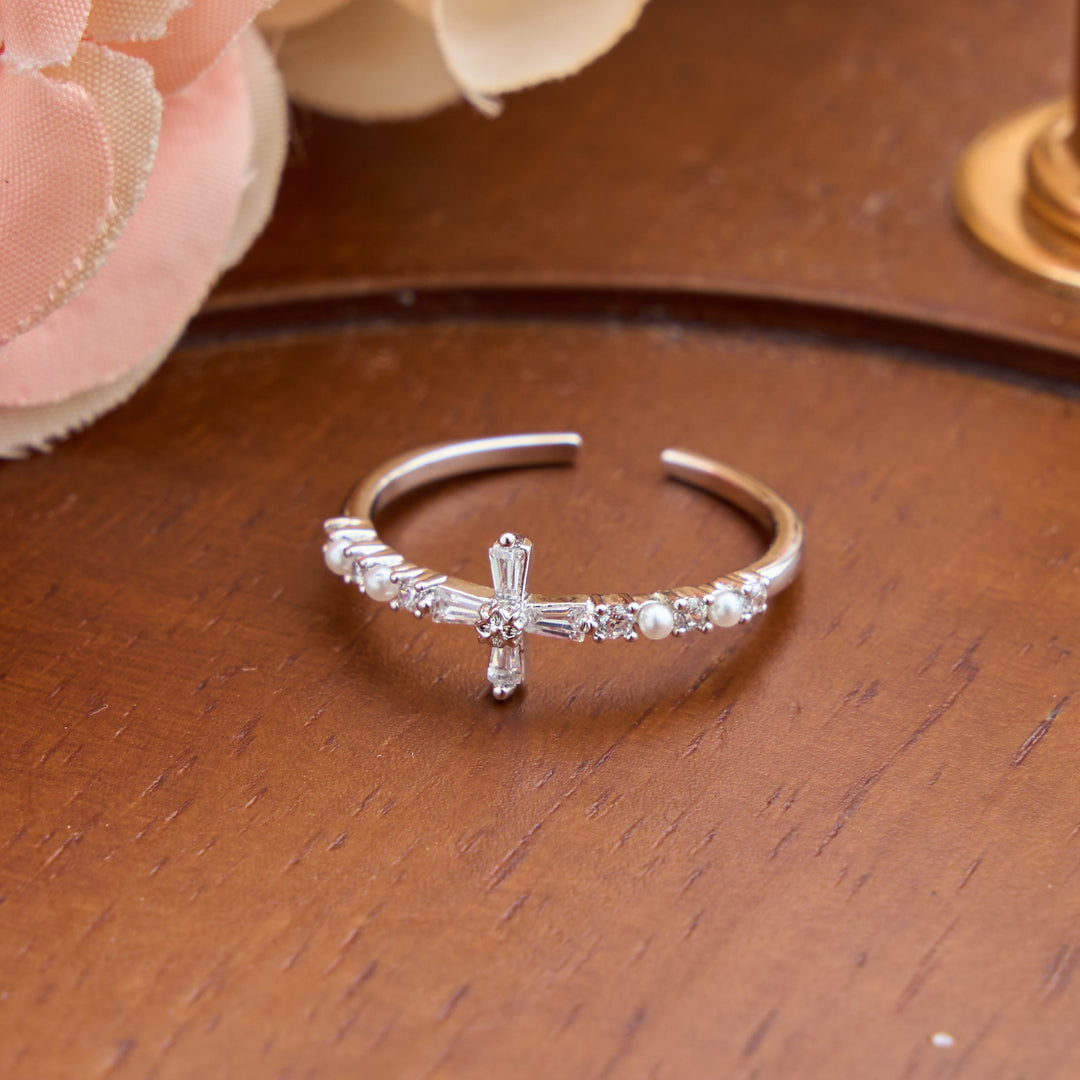 Christianartworkshop Delicate Inlaid Pearl Cross Adjustable Ring: Sign of Soft Celestial Comfort - image 4