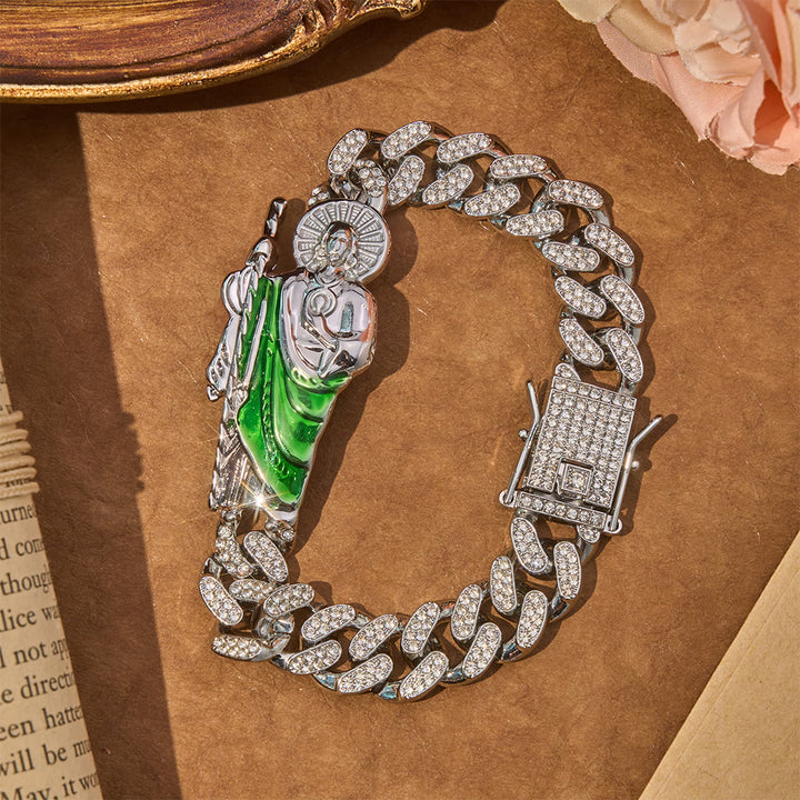 Christianartworkshop Luxe Iced Saint Jude Cuban Bracelet: Bearer of Enduring Blessed Comfort - Silver - 9.05''/23cm - image 0