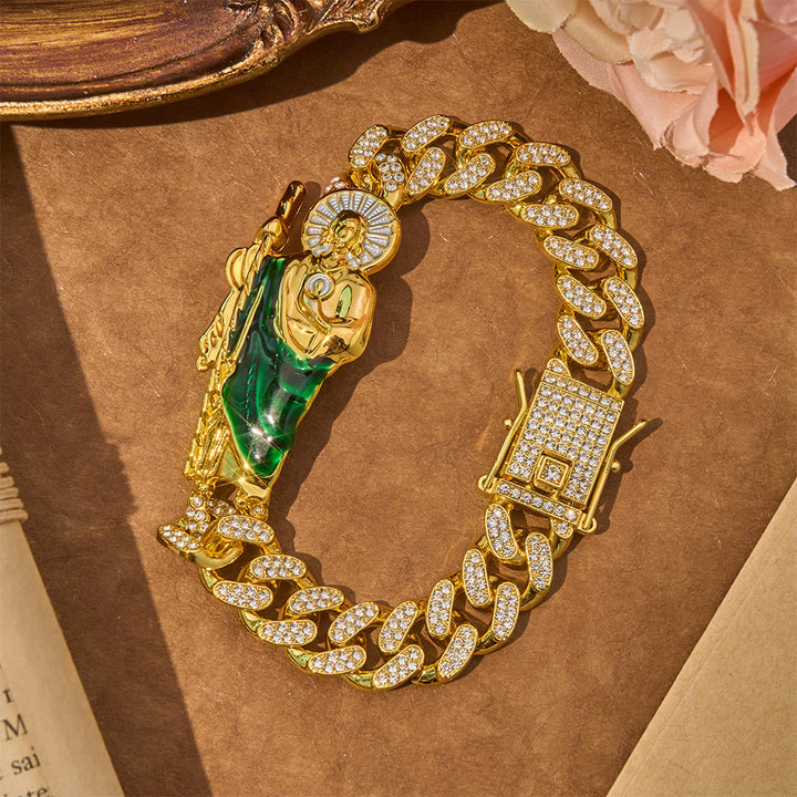 Christianartworkshop Luxe Iced Saint Jude Cuban Bracelet: Bearer of Enduring Blessed Comfort - Golden - 9.05''/23cm - image 3