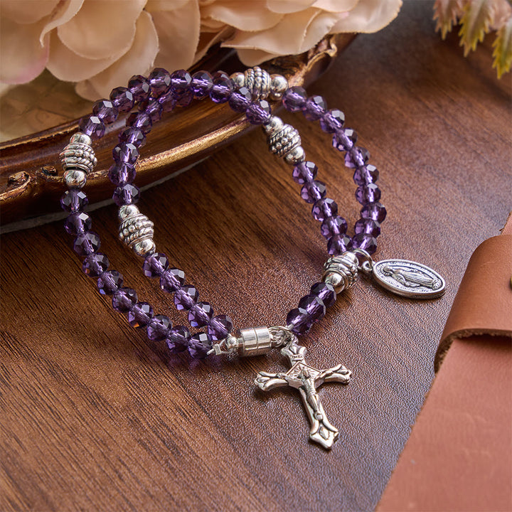 Christianartworkshop Dainty Polished Crystal Bead Guadalupe Crucifix Bracelet: Bearer of Enduring Sacred Grace - Amethyst - image 0