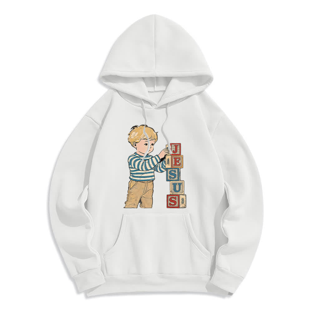 Christianartworkshop Vintage Jesus Blocks Fleece Lined Pullover Hoodie - White - 2XL - image 0