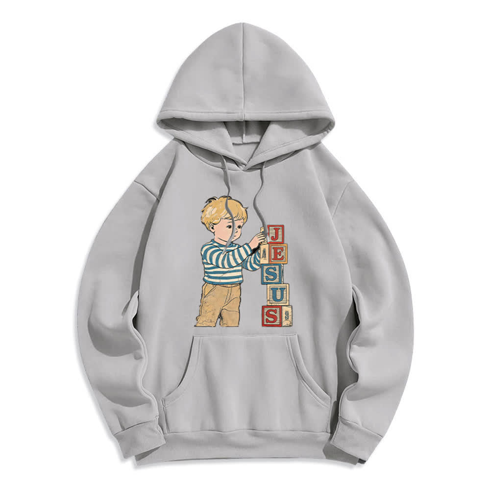 Christianartworkshop Vintage Jesus Blocks Fleece Lined Pullover Hoodie - Grey - 2XL - image 1