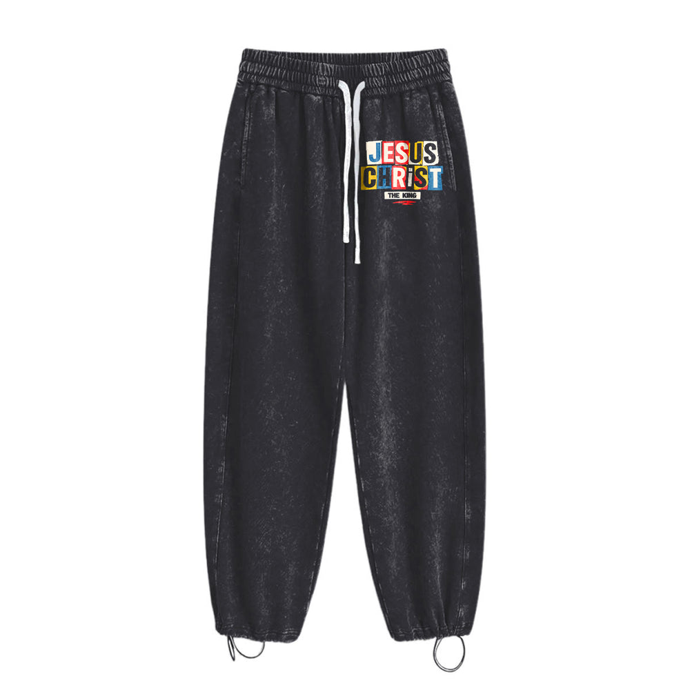 Christianartworkshop Retro Multi‑Color Jesus Christ The King Statement Washed Sweatpants - image 1