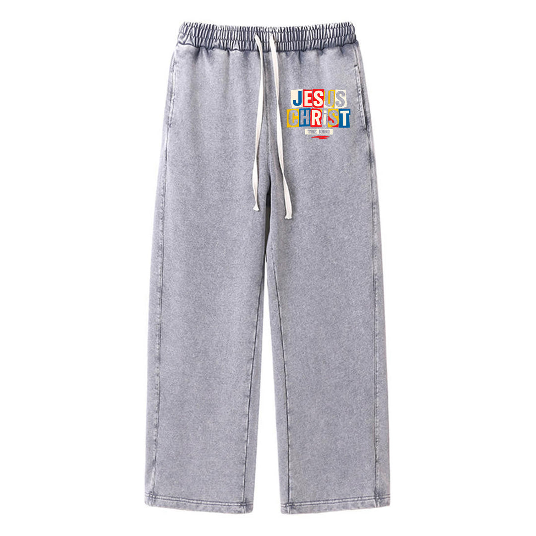 Christianartworkshop Retro Multi‑Color Jesus Christ The King Statement Washed Sweatpants - Grey - XL - image 4