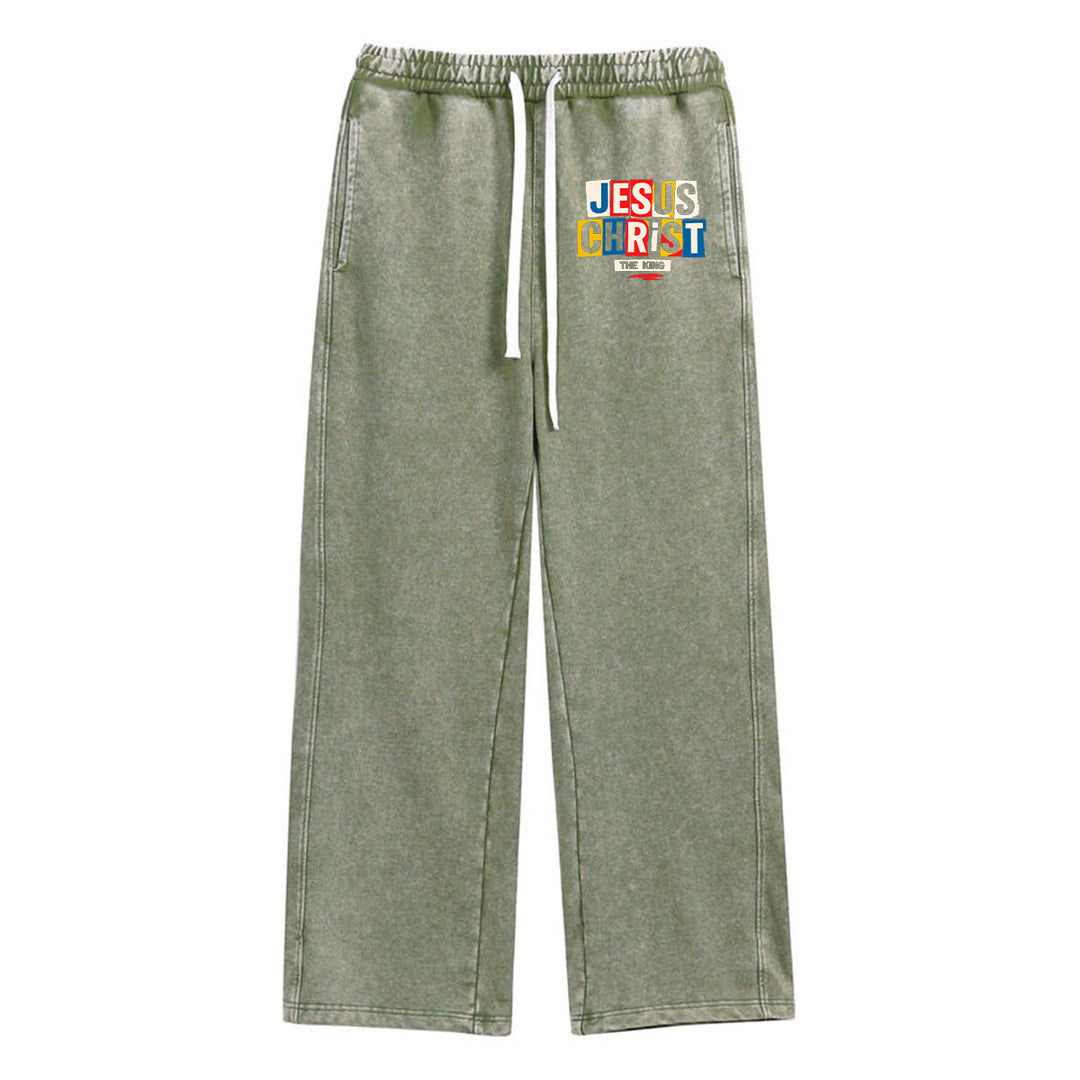 Christianartworkshop Retro Multi‑Color Jesus Christ The King Statement Washed Sweatpants - Army Green - XL - image 16
