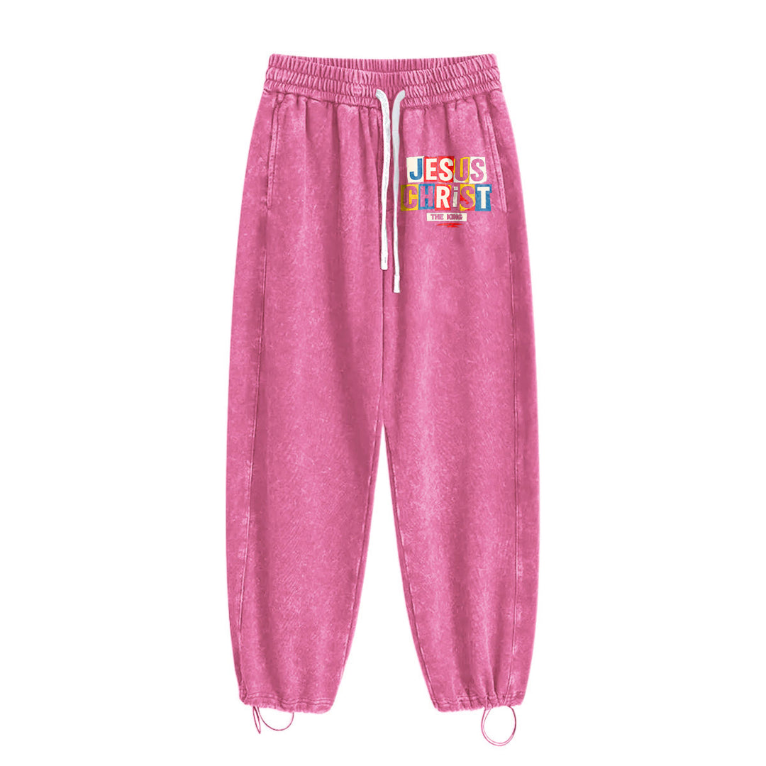 Christianartworkshop Retro Multi‑Color Jesus Christ The King Statement Washed Sweatpants - image 13