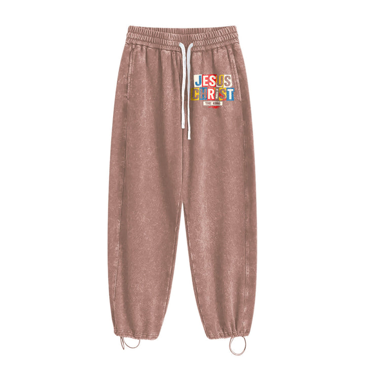 Christianartworkshop Retro Multi‑Color Jesus Christ The King Statement Washed Sweatpants - image 9
