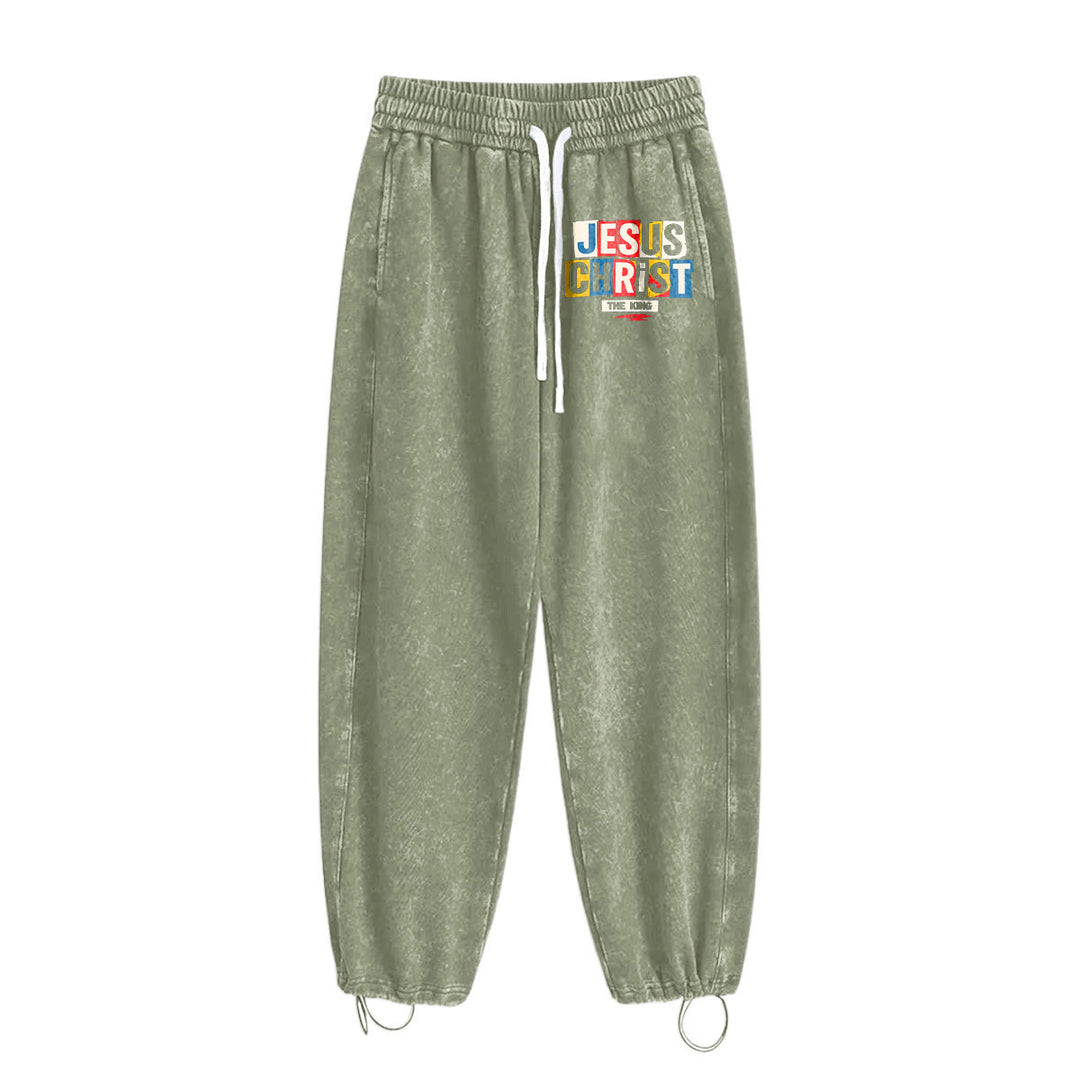 Christianartworkshop Retro Multi‑Color Jesus Christ The King Statement Washed Sweatpants - image 17