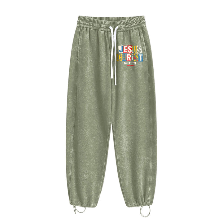 Christianartworkshop Retro Multi‑Color Jesus Christ The King Statement Washed Sweatpants - image 17