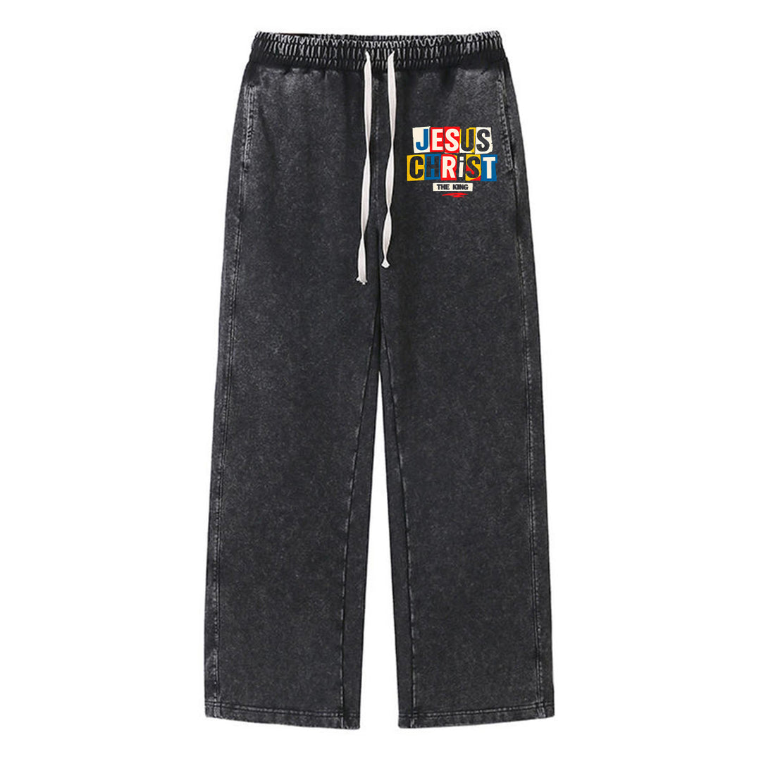 Christianartworkshop Retro Multi‑Color Jesus Christ The King Statement Washed Sweatpants - Black - XL - image 0