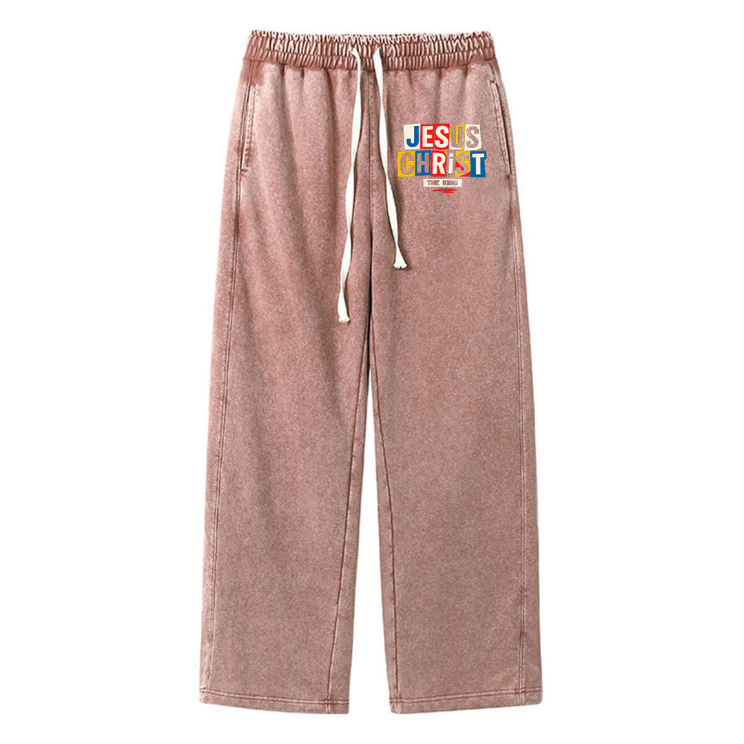 Christianartworkshop Retro Multi‑Color Jesus Christ The King Statement Washed Sweatpants - Brown - XL - image 8