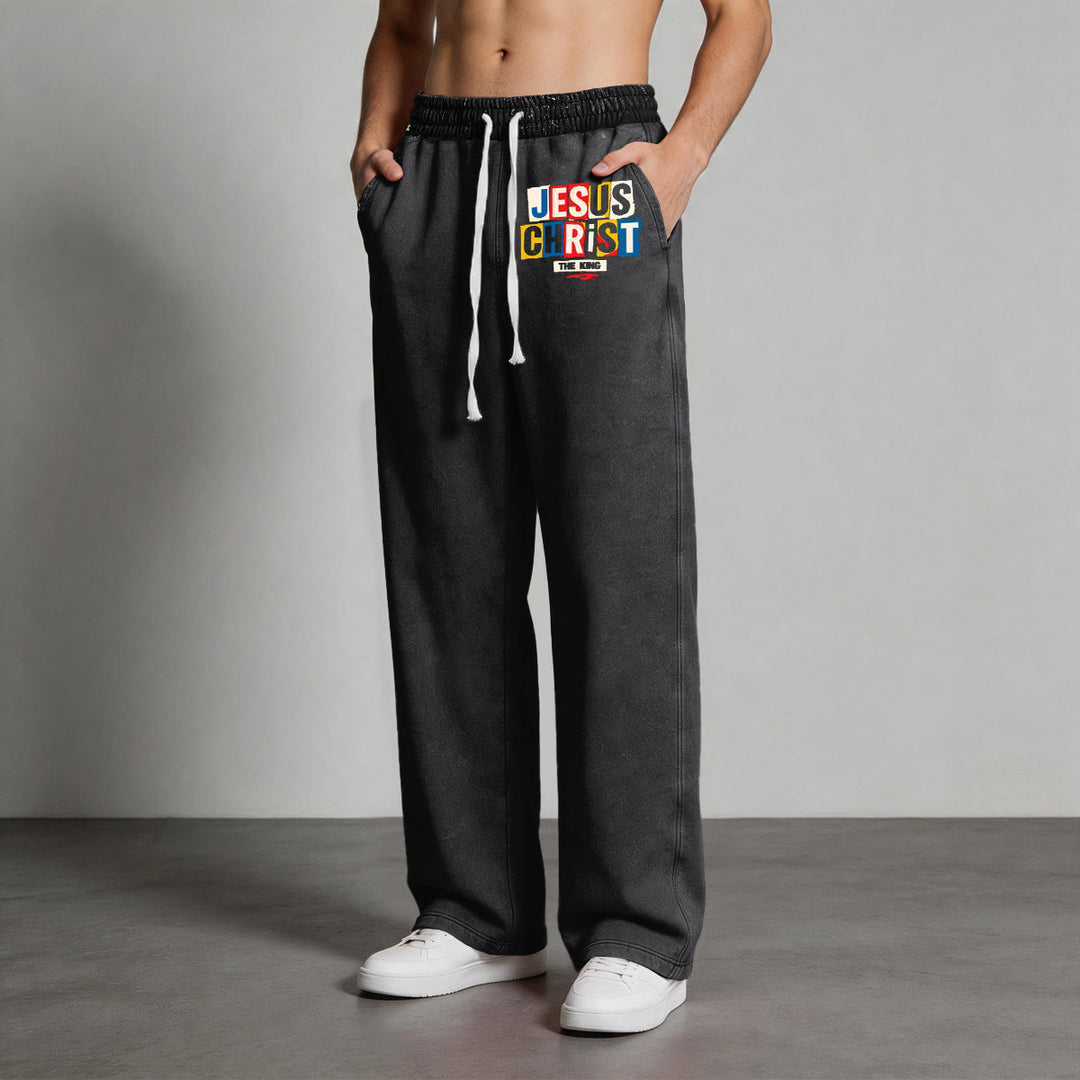 Christianartworkshop Retro Multi‑Color Jesus Christ The King Statement Washed Sweatpants - image 2