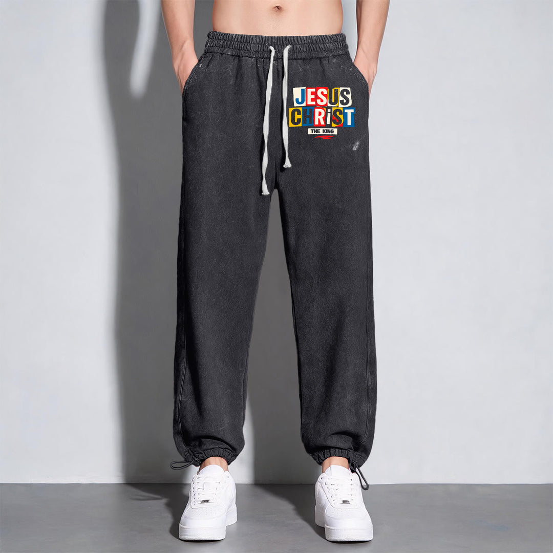 Christianartworkshop Retro Multi‑Color Jesus Christ The King Statement Washed Sweatpants - image 3
