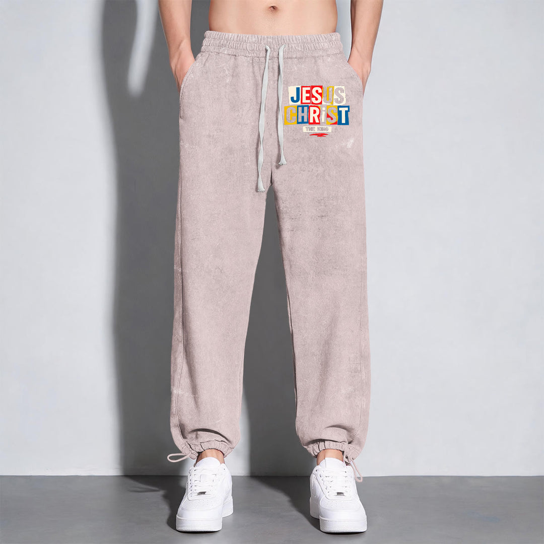Christianartworkshop Retro Multi‑Color Jesus Christ The King Statement Washed Sweatpants - image 23