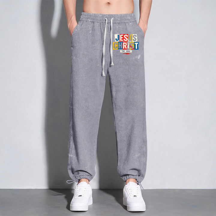 Christianartworkshop Retro Multi‑Color Jesus Christ The King Statement Washed Sweatpants - image 7