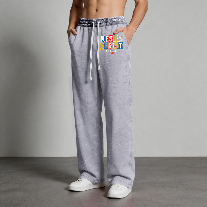 Christianartworkshop Retro Multi‑Color Jesus Christ The King Statement Washed Sweatpants - image 6