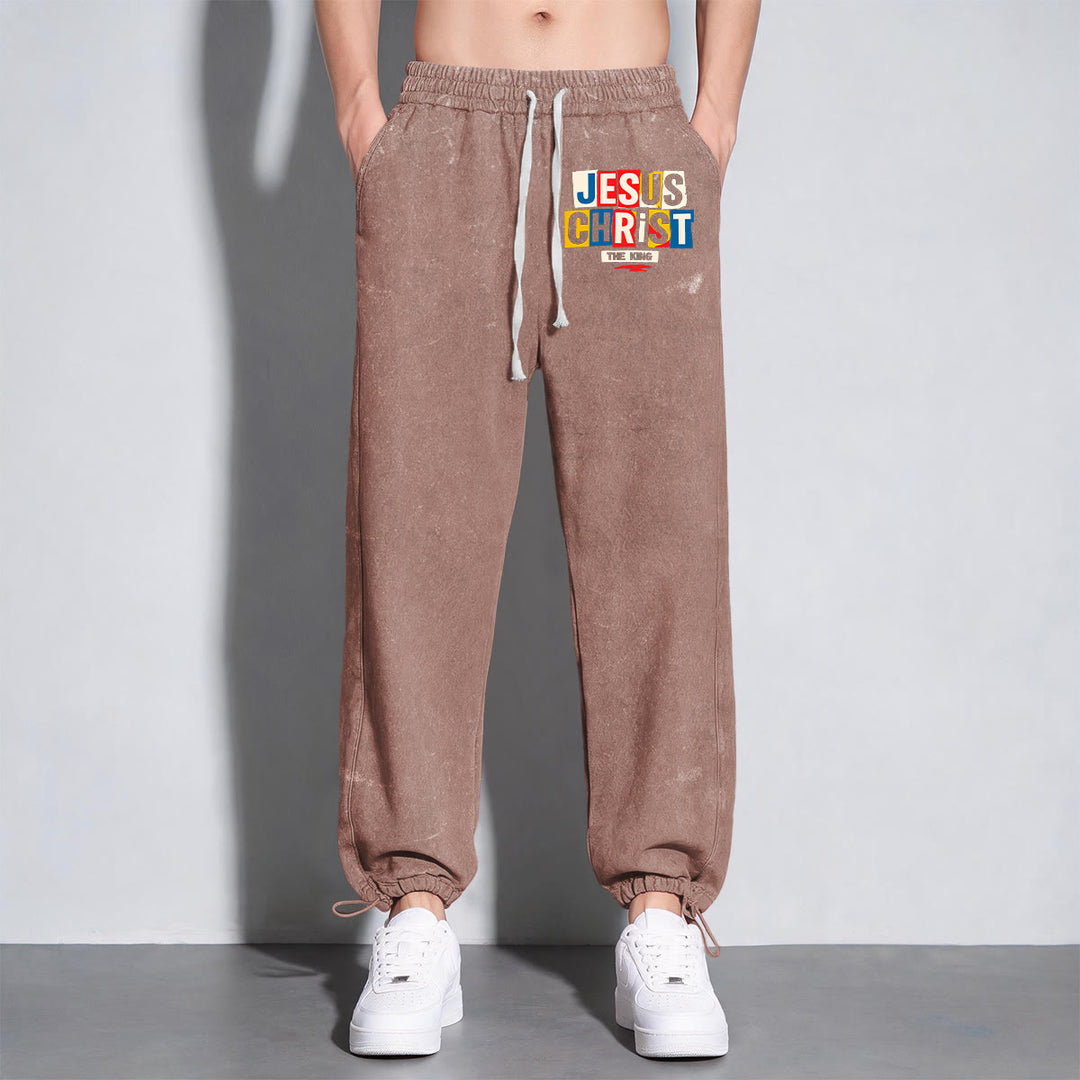 Christianartworkshop Retro Multi‑Color Jesus Christ The King Statement Washed Sweatpants - image 11
