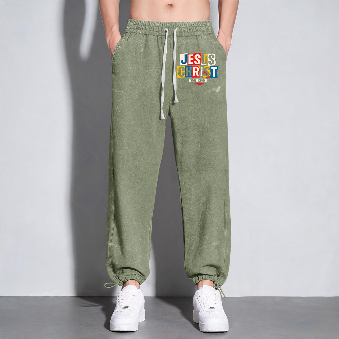Christianartworkshop Retro Multi‑Color Jesus Christ The King Statement Washed Sweatpants - image 19