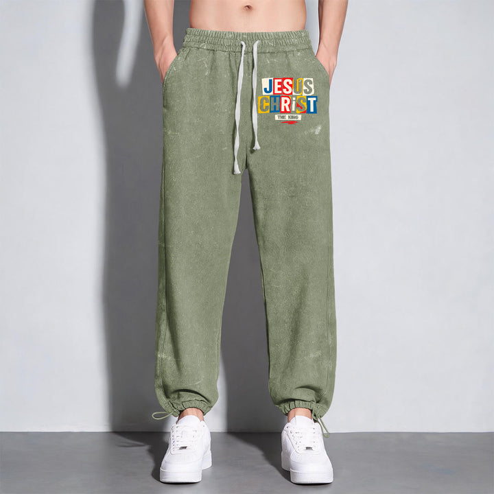 Christianartworkshop Retro Multi‑Color Jesus Christ The King Statement Washed Sweatpants - image 19