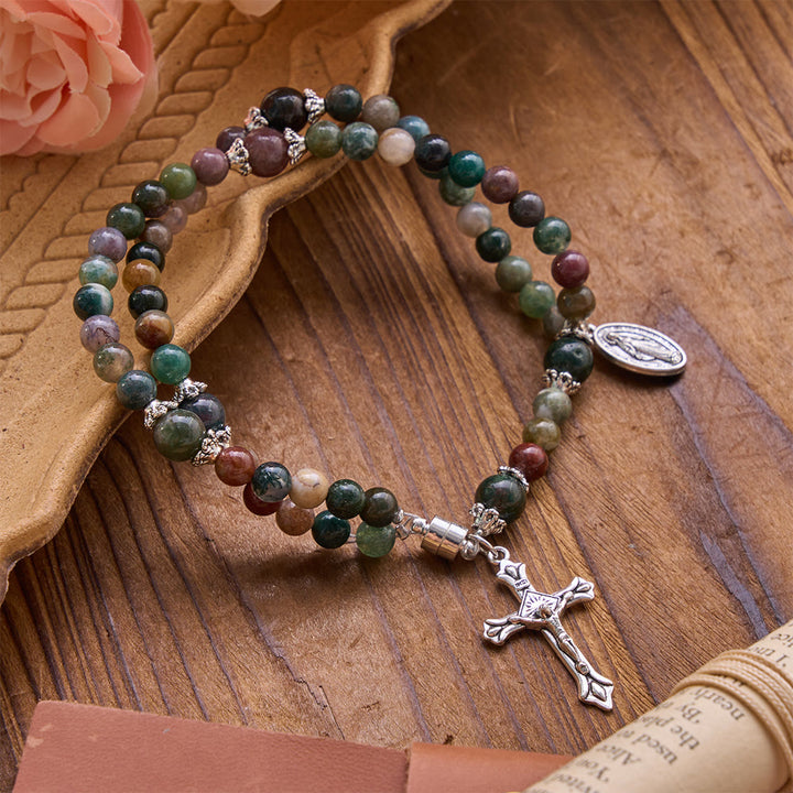 Christianartworkshop Saint Benedict & Miraculous Crystal Crucifix Bracelet: Bearer of Sacred Strength - India Agate&Our Lady - image 15