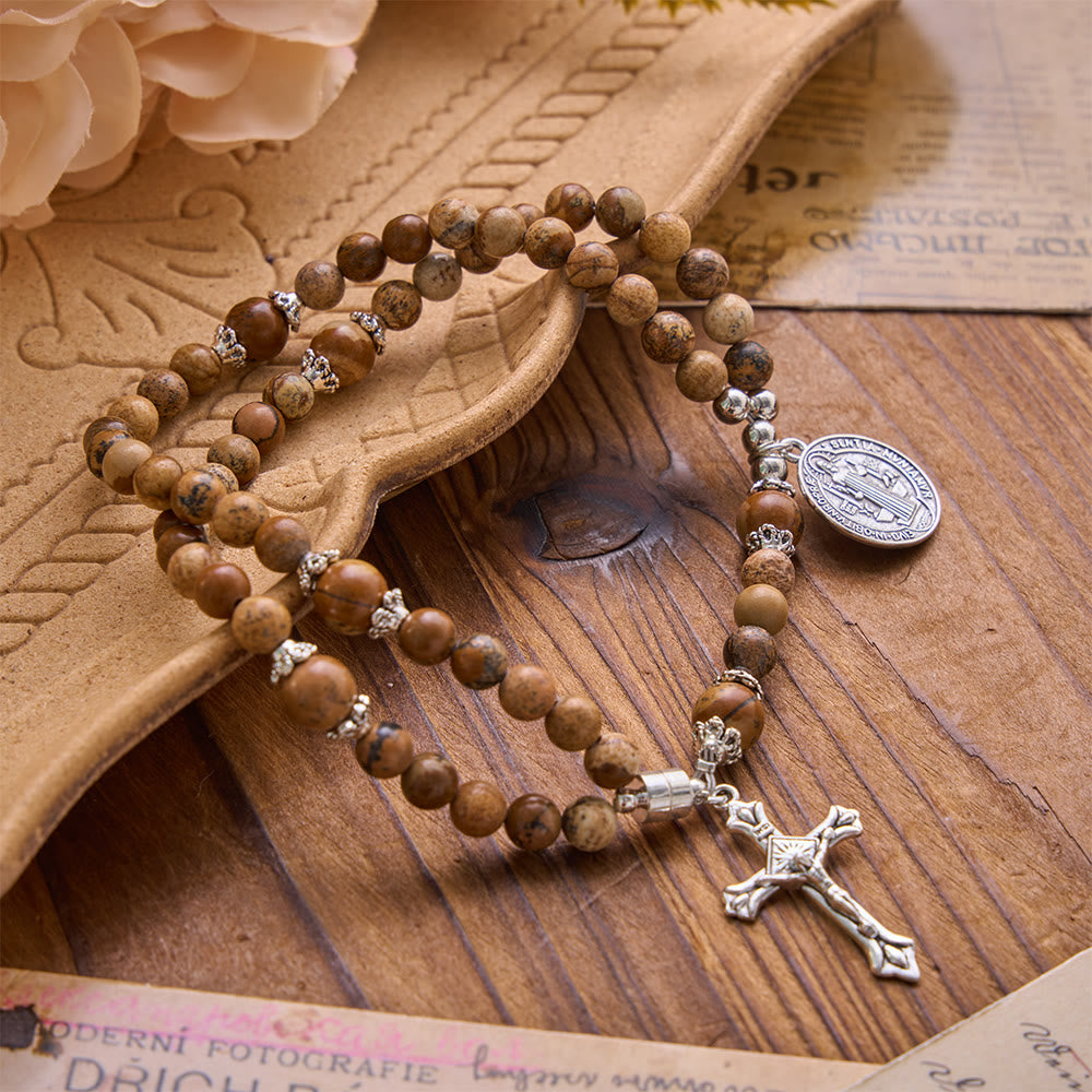 Christianartworkshop Saint Benedict & Miraculous Crystal Crucifix Bracelet: Bearer of Sacred Strength - Picture Jasper - image 5