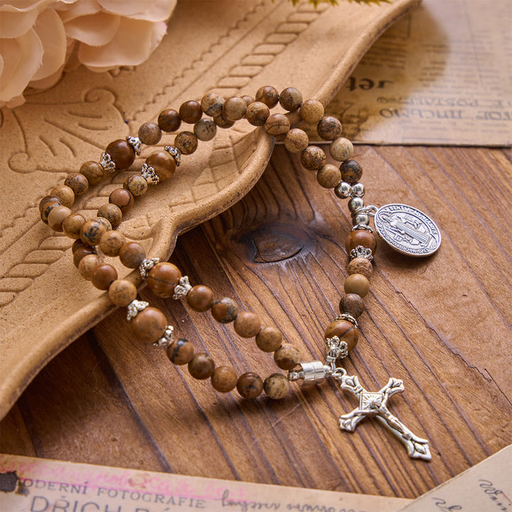 Christianartworkshop Saint Benedict & Miraculous Crystal Crucifix Bracelet: Bearer of Sacred Strength - Picture Jasper - image 5