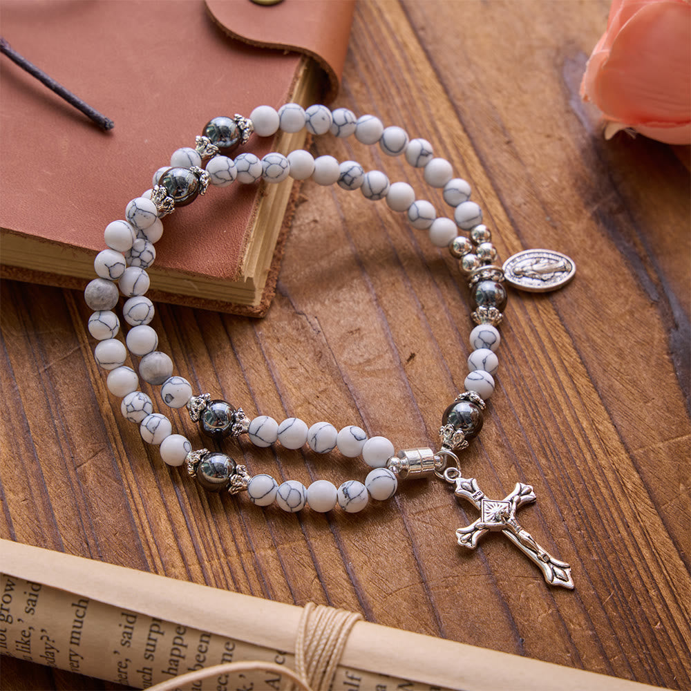 Christianartworkshop Saint Benedict & Miraculous Crystal Crucifix Bracelet: Bearer of Sacred Strength - White Turquoise - image 10