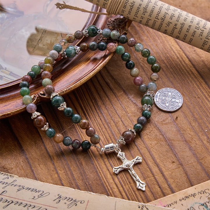 Christianartworkshop Saint Benedict & Miraculous Crystal Crucifix Bracelet: Bearer of Sacred Strength - India Agate&St. Benedict - image 0