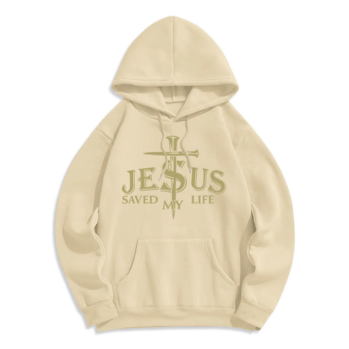 Christianartworkshop Jesus Saved My Life Cross Graphic Fleece Lined Pullover Hoodie - Beige - 2XL - image 3