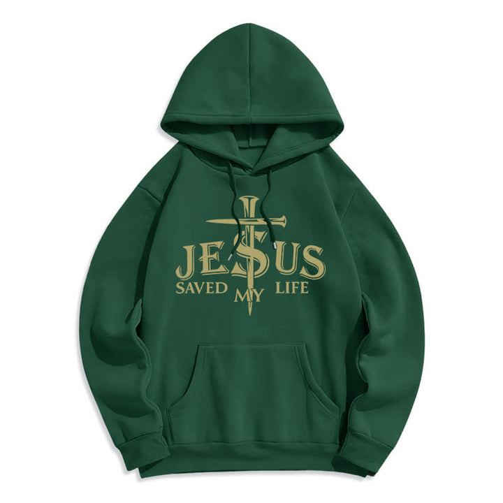 Christianartworkshop Jesus Saved My Life Cross Graphic Fleece Lined Pullover Hoodie - Green - 2XL - image 6