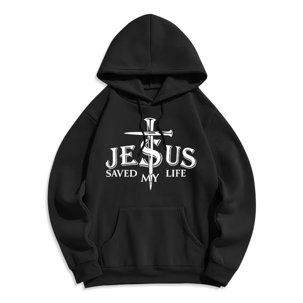 Christianartworkshop Jesus Saved My Life Cross Graphic Fleece Lined Pullover Hoodie - Black - 2XL - image 7