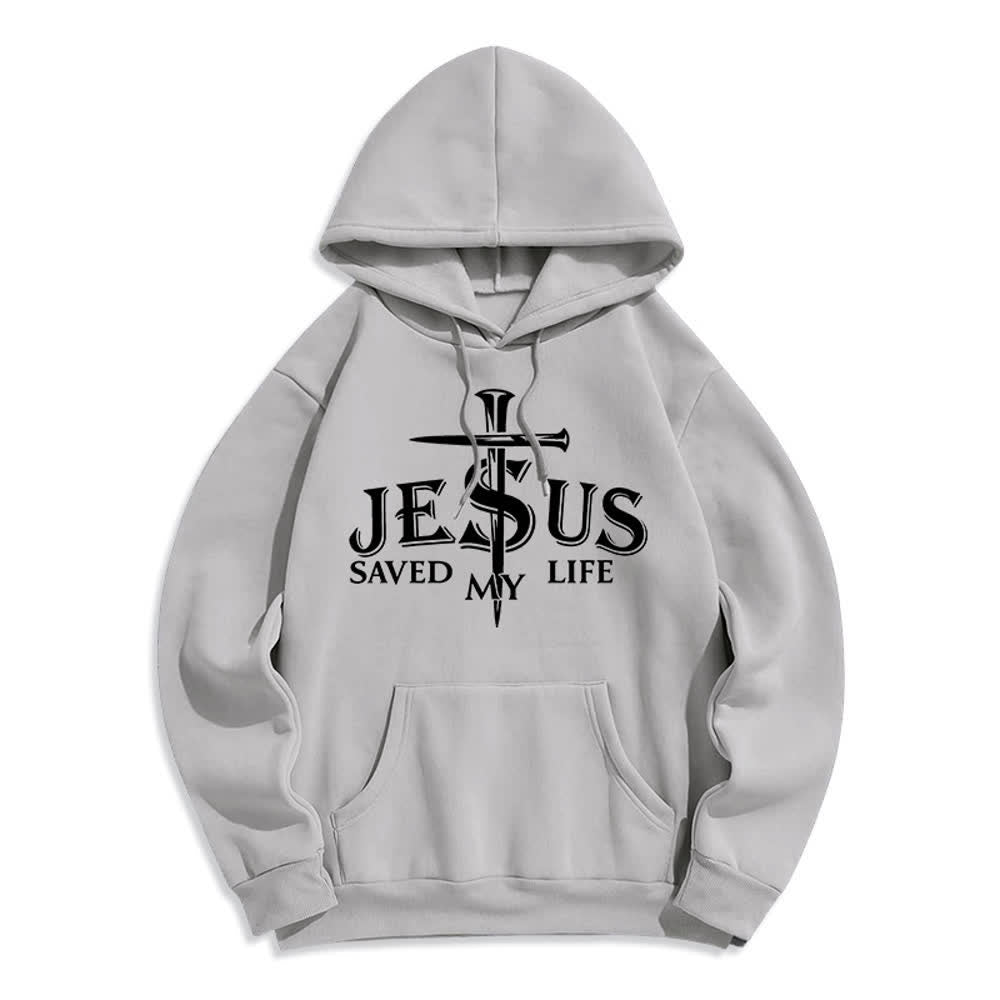 Christianartworkshop Jesus Saved My Life Cross Graphic Fleece Lined Pullover Hoodie - Grey - 2XL - image 4