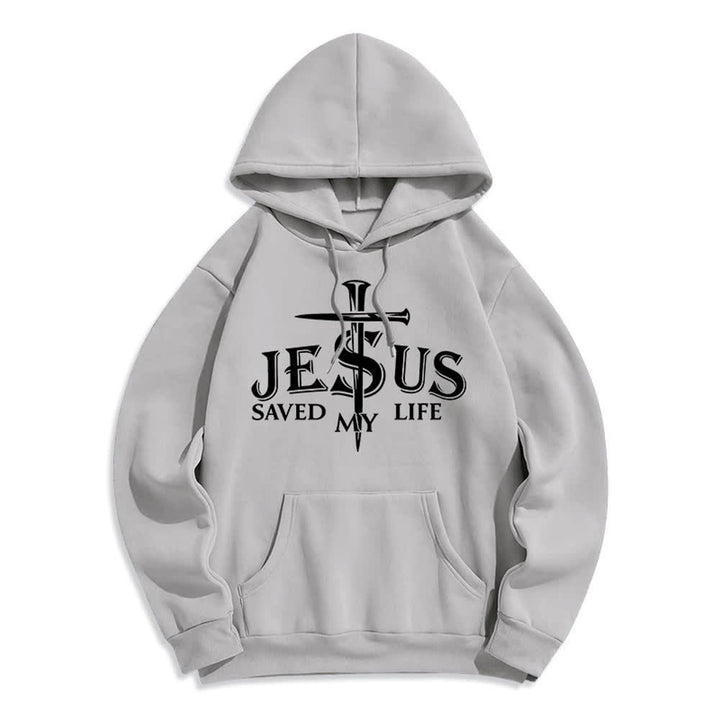 Christianartworkshop Jesus Saved My Life Cross Graphic Fleece Lined Pullover Hoodie - Grey - 2XL - image 4