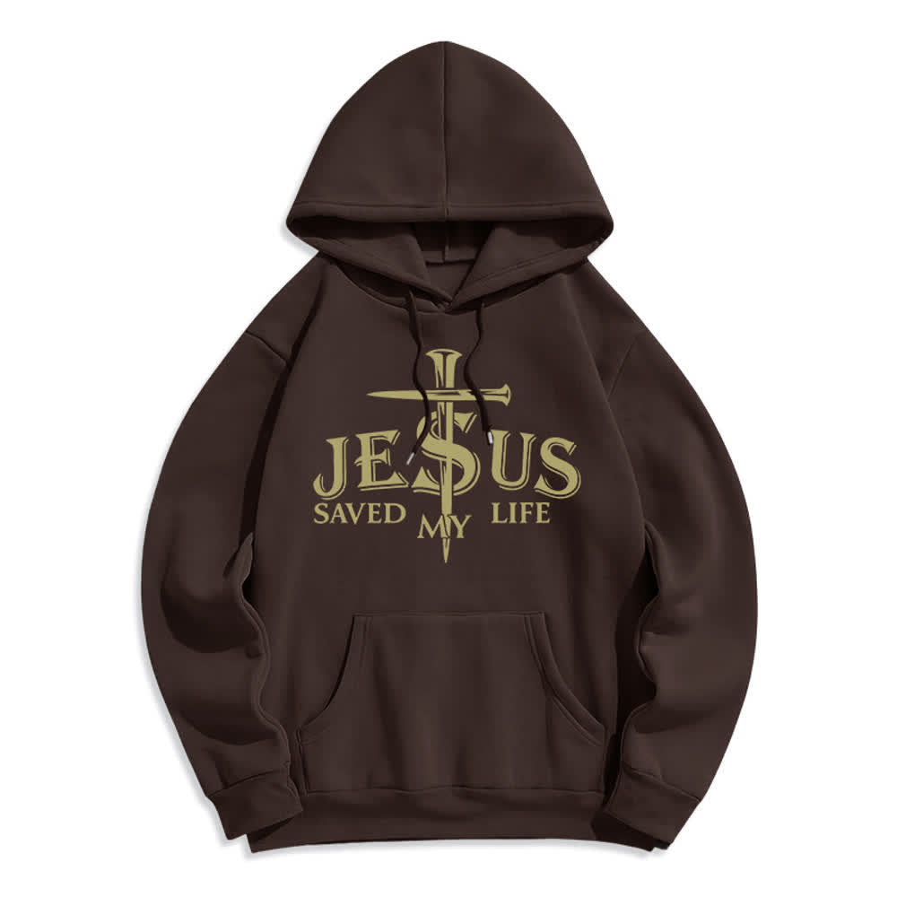 Christianartworkshop Jesus Saved My Life Cross Graphic Fleece Lined Pullover Hoodie - Brown - 2XL - image 0