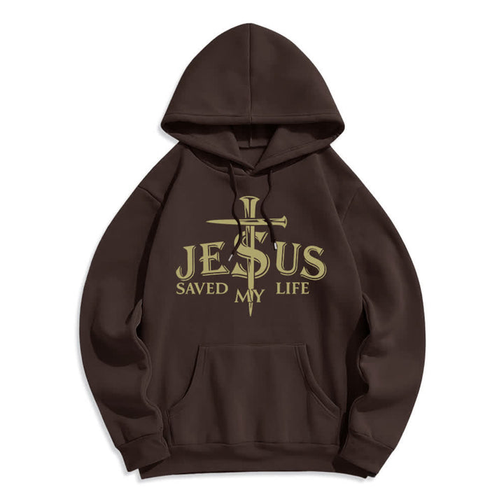 Christianartworkshop Jesus Saved My Life Cross Graphic Fleece Lined Pullover Hoodie - Brown - 2XL - image 0