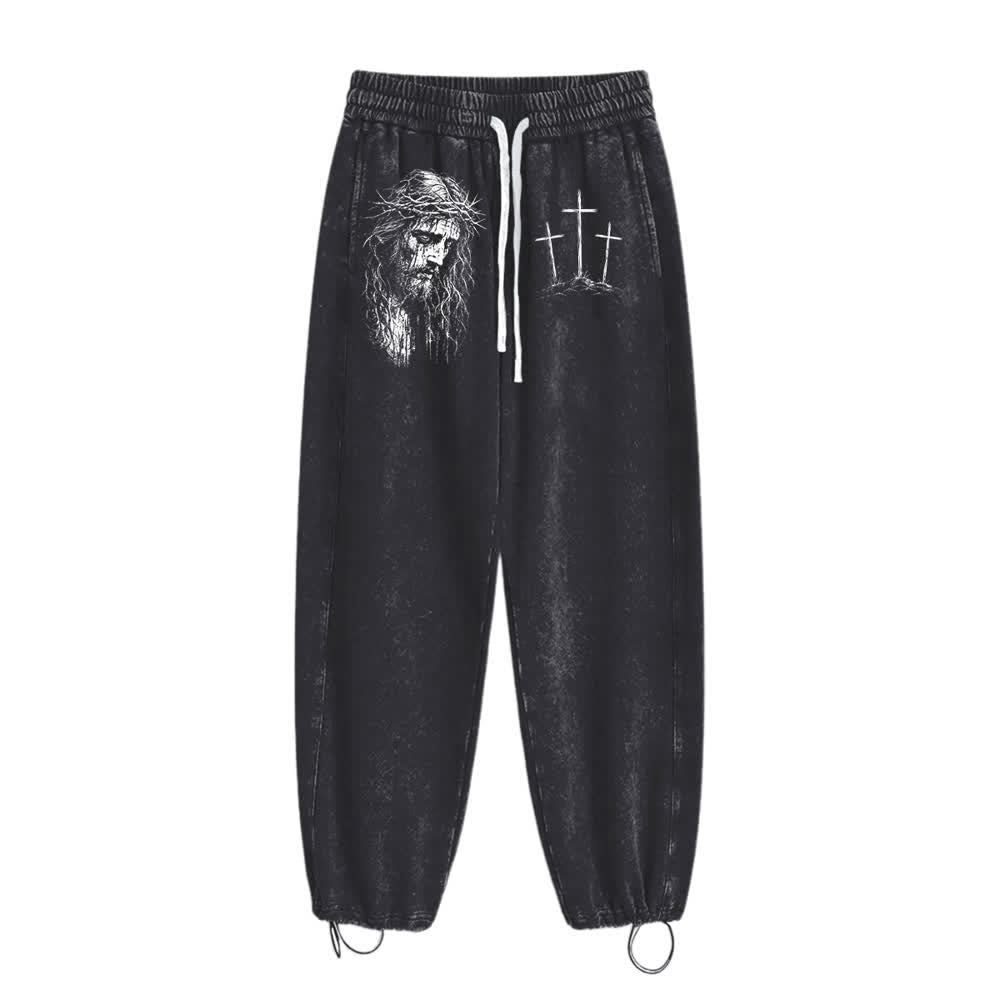 Christianartworkshop Vintage Sketch Jesus Three Cross Statement Washed Sweatpants - image 1