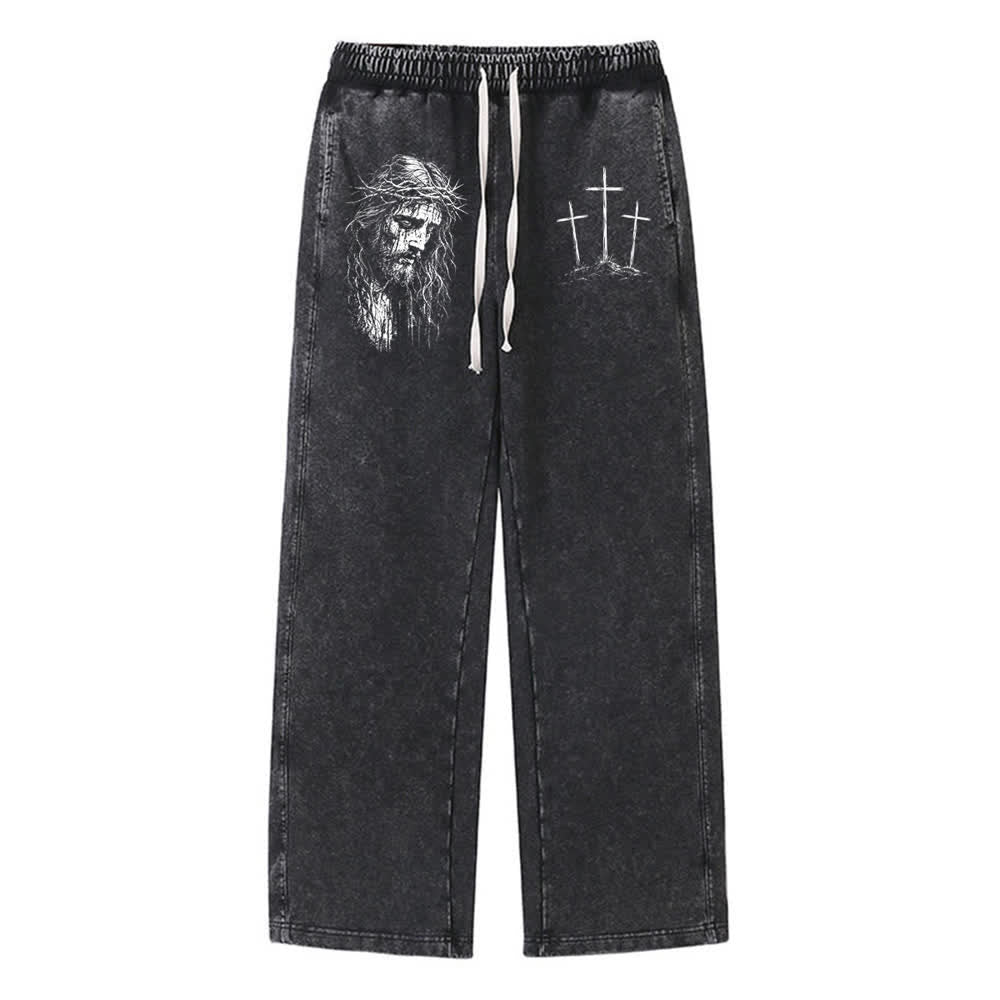 Christianartworkshop Vintage Sketch Jesus Three Cross Statement Washed Sweatpants - Black - XL - image 0