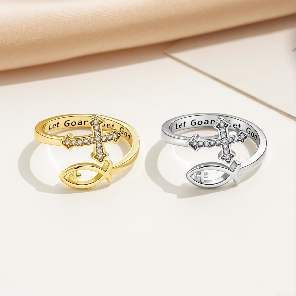 Christianartworkshop Inlaid Stone Cross Ichthys Adjustable Ring: Token of Timeless Divine Peace - image 1