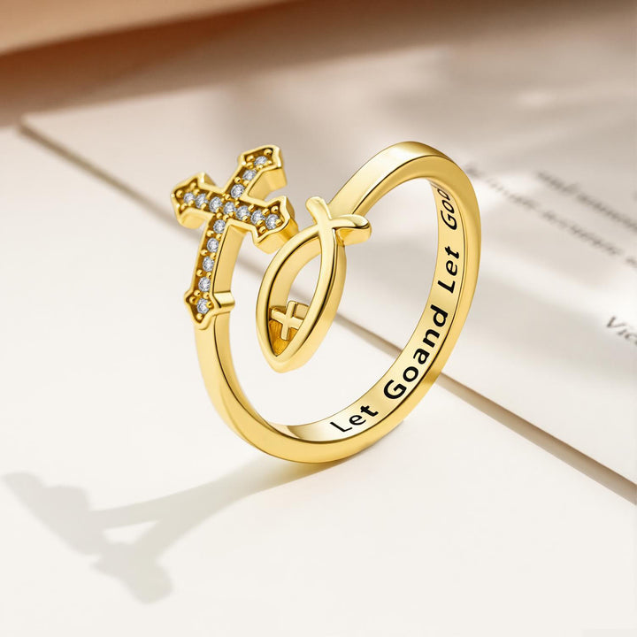 Christianartworkshop Inlaid Stone Cross Ichthys Adjustable Ring: Token of Timeless Divine Peace - Golden( Suitable for US Sizes 6 - 9) - image 2